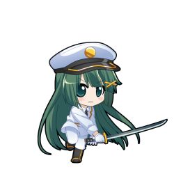  1girl black_boots black_necktie black_outline blush boots chibi chibi_only closed_mouth coat frown full_body game_asset gloves green_eyes green_hair hair_ornament hat hatsune_miku hatsune_miku_graphy_collection holding holding_sword holding_weapon katana long_hair looking_at_viewer military_uniform necktie outline pants peaked_cap shirt solo standing standing_on_one_leg sword transparent_background v-shaped_eyebrows very_long_hair vocaloid weapon white_coat white_gloves white_hat white_pants white_shirt x_hair_ornament 