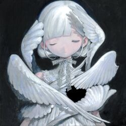  1girl angel angel_wings black_background commentary_request dress facing_viewer feathered_wings grey_eyes half-closed_eye heart hidari_(nanmu-left) highres multiple_wings neck_ribbon one_eye_closed original painting_(medium) ribbon short_hair smile solo straight-on traditional_media upper_body white_dress white_hair wings 