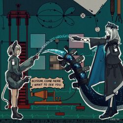  2girls ankle_boots antique_phone arknights arrow_(symbol) black_boots black_coat black_gloves black_hat black_jacket black_shoes blue_coat blue_hair blue_tail blueberry_moth boots coat commentary electric_plug electric_plug_tail english_commentary english_text extra_arms fingerless_gloves full_body gloves grey_hair hat highres jacket long_hair long_sleeves mantra_(arknights) multiple_girls outline outstretched_arm phone physics pink_gloves pointing profile raidian_(arknights) shoes short_hair standing tail two-sided_coat two-sided_fabric white_outline 