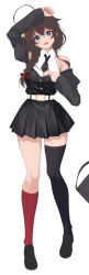  1girl ahoge asymmetrical_legwear belt black_dress black_hair black_necktie black_thighhighs blue_eyes braid collared_shirt commentary_request detached_sleeves dress dress_shirt flying_sweatdrops hair_flaps hair_over_shoulder kantai_collection kochipu long_hair lying necktie official_alternate_costume red_socks shigure_(kancolle) shigure_(yokosuka)_(kancolle) shigure_kai_san_(kancolle) shirt single_braid single_sock single_thighhigh socks solo thigh-highs uneven_legwear white_belt white_shirt 