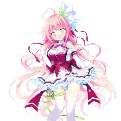  1girl @_@ ahoge back_bow black_bow blush bow bowtie breasts buttons dress feet_out_of_frame game_asset green_ribbon hair_ribbon hand_up haru_haru_(koikoko) heart heart_ahoge highres juliet_sleeves koi_suru_kokoro_to_mahou_no_kotoba large_breasts large_variant_set leg_ribbon long_hair long_sleeves looking_at_viewer non-web_source nose_blush open_mouth pink_bow pink_bowtie pink_hair puffy_sleeves red_bow red_vest ribbon self-datamine shiromochi_sakura shirt short_dress simple_background single_hair_intake solo standing star_(symbol) sweatdrop thigh-highs transparent_background variant_set vest white_shirt white_thighhighs zettai_ryouiki 
