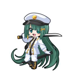  1girl :d aqua_eyes belt black_boots black_necktie black_outline blush boots chibi chibi_only coat full_body game_asset gloves green_hair hair_ornament hat hatsune_miku hatsune_miku_graphy_collection holding holding_sheath holding_sword holding_weapon katana long_hair long_sleeves looking_at_viewer military_uniform necktie open_mouth outline pants peaked_cap sheath smile solo standing sword transparent_background undone_necktie very_long_hair vocaloid weapon white_belt white_coat white_gloves white_hat white_pants x_hair_ornament 