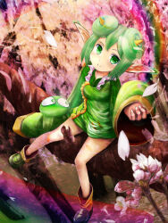  1girl bare_legs blob cherry_blossoms closed_mouth commentary_request double_bun fingernails full_body green_eyes green_hair hair_bun hand_up horns in_tree lidelle_(puyopuyo) long_sleeves petals photoshop_(medium) puyo_(puyopuyo) puyopuyo puyopuyo_fever revision short_hair sitting sitting_in_tree skirt sleeves_past_wrists smile solo tree zi-dabu 