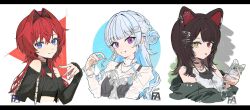  3girls alternate_costume ange_katrina animal_ear_piercing animal_ears aqua_nails bare_shoulders black_shirt blue_eyes blue_hair blue_nails breasts brown_hair cellphone cleavage_cutout closed_mouth clothing_cutout colored_inner_hair commentary_request crossed_bangs dog_ears eyelashes fingernails green_jacket grey_hair grey_tank_top grin hair_between_eyes hair_bun hair_intakes hair_ornament hairclip hairpin hand_up heterochromia highres holding holding_own_hair holding_phone inui_toko jacket jewelry letterboxed lize_helesta long_fingernails long_hair long_sidelocks long_sleeves looking_at_viewer multicolored_hair multiple_girls multiple_hairclips multiple_necklaces multiple_piercings nagamine_ao nail_polish necklace nijisanji off_shoulder phone red_eyes red_hair red_nails ribbed_shirt sanbaka_(nijisanji) see-through_clothes see-through_shirt shirt shoulder_cutout sidelocks signature sleeves_past_wrists small_breasts smartphone smile split_mouth streaked_hair tank_top tongue tongue_out triangle_hair_ornament two-tone_hair very_long_fingernails violet_eyes virtual_youtuber watermark white_background white_shirt white_tank_top yellow_eyes 