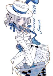  1girl blue_gloves blue_shirt boater_hat bow bowtie closed_mouth coat copyright_name cowboy_shot english_text gloves grey_eyes grey_hair hair_bun hat highres holding holding_suitcase looking_at_viewer official_alternate_costume reverse:1999 shirt short_hair single_side_bun skirt solo suitcase vertin_(ipstar)_(reverse:1999) vertin_(reverse:1999) white_background white_coat white_hat white_skirt xjgfhvg yellow_bow yellow_bowtie 