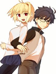 1boy 1girl :d ahoge antenna_hair arcueid_brunestud back-to-back belt black_hair black_pantyhose blonde_hair blue_skirt blush commentary_request glasses grey_pants hair_between_eyes highres jacket jewelry km190888 locked_arms looking_at_another looking_at_viewer miniskirt multicolored_jacket necklace official_alternate_costume open_clothes open_shirt pants pantyhose plaid_clothes plaid_skirt red_eyes shirt short_hair skirt smile sweat sweater tohno_shiki tsukihime tsukihime_(remake) turtleneck turtleneck_sweater two-tone_jacket white_shirt 