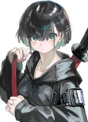  1girl absurdres black_hair black_jacket collarbone colored_inner_hair expressionless fingernails green_eyes green_hair hair_ornament hairclip highres jacket looking_at_viewer mole mole_on_neck mole_under_mouth multicolored_hair original simple_background solo strap sword sword_on_back upper_body weapon weapon_on_back white_background yunimaru 