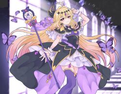  1girl 870hanamarumomo antenna_hair black_capelet blonde_hair brooch bug butterfly capelet closed_mouth cure_arcana_shadow diamond_hairband frilled_capelet frilled_cuffs frills gradient_hair hair_intakes heart heart_brooch holding holding_rod jewelry long_hair looking_at_viewer magical_girl meitantei_precure! moria_luluka multicolored_hair pink_eyes pink_hair precure purple_thighhighs purple_veil purple_wrist_cuffs rod smile solo tear_arcana_rod thigh-highs too_many too_many_butterflies veil very_long_hair wrist_cuffs zettai_ryouiki 