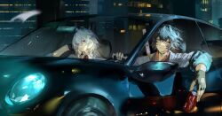 2girls absurdres black_hair can car commentary commission drink_can english_commentary fingerless_gloves gloves head_rest highres holding holding_can lewdlily66 long_hair looking_at_viewer motor_vehicle multiple_girls night original red_eyes white_hair wuthering_waves yellow_eyes zani_(wuthering_waves) 