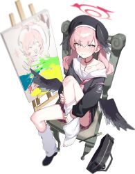  1girl absurdres bag beret black_bag black_hat black_wings blue_archive blush bongnom canvas_(object) chair closed_mouth commentary drawing_board easel feathered_wings halo hanako_(blue_archive) hat head_wings highres hugging_own_leg koharu_(blue_archive) long_hair long_sleeves looking_at_viewer loose_socks low_wings neckerchief on_chair paintbrush painting_(object) pink_eyes pink_hair pink_halo pink_neckerchief pink_skirt pleated_skirt red_halo sailor_collar shirt_partially_removed simple_background single_bare_shoulder sitting skirt socks solo torn_clothes torn_socks twintails untranslatable_commentary white_background white_sailor_collar white_socks winged_halo wings 