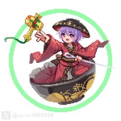  1girl black_sash bowl bowl_hat commentary_request hat highres holding holding_mallet in_bowl in_container japanese_clothes kimono long_sleeves mallet mini_person minigirl needle obi open_mouth pixel_art purple_hair red_eyes red_kimono sash short_hair solo sukuna_shinmyoumaru touhou twitter twitter_username wide_sleeves yum4802888 