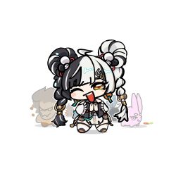  1boy 4girls :< banyue_(zenless_zone_zero) bare_shoulders black_cloak black_hair blue_hair braid braided_twintails carrot chibi chibi_only china_dress chinese_clothes cloak closed_eyes commentary_request detached_sleeves dialyn_(zenless_zone_zero) dress fiery_wings full_body hair_ornament hair_over_one_eye highres humanoid_robot long_hair looking_at_viewer multicolored_hair multiple_girls one_eye_closed open_mouth phoenix_(zenless_zone_zero) promeia_(zenless_zone_zero) rabbit robot robot_boy simple_background split-color_hair thigh-highs umashika_(horsedeer) white_background white_hair white_thighhighs wings yellow_eyes zenless_zone_zero zhao_(zenless_zone_zero) 