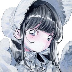  1girl angel_wings black_hair blush bonnet commentary_request dress expressionless grey_eyes hidari_(nanmu-left) highres lolita_fashion long_hair looking_at_viewer original simple_background solo upper_body white_background white_bonnet white_dress white_wings wings 