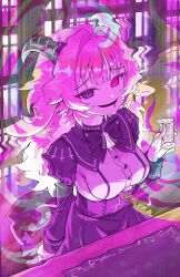  1girl absurdres bar_(place) bell black_bow black_dress black_eyes black_hair black_horns black_mouth black_tail blush bottle bow breasts cross cross_print cup dress femme_soule gloves hair_intakes highres holding holding_cup horns indoors long_hair long_sleeves looking_at_viewer mismatched_pupils multicolored_hair open_mouth pink_hair plant-new-art pointy_ears pukey_goddess_shot_trick shirt solo streaked_hair white_gloves white_shirt 