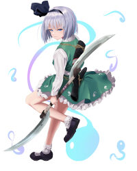  1girl absurdres blue_eyes commentary_request dress green_dress headdress highres holding holding_weapon konpaku_youmu konpaku_youmu_(ghost) looking_at_viewer simple_background solo touhou weapon white_background yuri_kowashi_(tetsukabuto_nuranura) 
