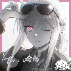 1girl adjusting_eyewear ak-12_(girls'_frontline) ak-12_(lucia)_(girls'_frontline) border chinese_commentary chinese_text closed_mouth eyewear_on_head girls_frontline hand_on_eyewear jacket lelith61 light_smile long_hair looking_at_viewer mechanical_eyes necktie official_alternate_costume one_eye_closed pink_border shirt sidelocks simple_background single_mechanical_eye solo suit sunglasses upper_body violet_eyes 