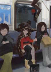  1girl 3girls :/ animal_on_head annoyed arm_at_side asymmetrical_legwear bandaged_leg bandages belt belt_buckle bench black_belt black_cape black_cat black_thighhighs boots brown_boots brown_hair buckle cape cat cat_on_head cellphone chomusuke closed_mouth commentary contemporary dress expressionless faceless faceless_female hat highres holding holding_phone holding_staff kono_subarashii_sekai_ni_shukufuku_wo! koukouya long_sleeves looking_at_viewer mage_staff megumin mismatched_legwear multiple_girls on_bench on_head painterly phone poster_(object) pov raised_eyebrows red_dress red_eyes short_dress short_hair short_hair_with_long_locks sidelocks single_thighhigh sitting smartphone solo_focus staff subway taking_picture thigh-highs tile_wall tiles train_interior window witch_hat yellow_trim zettai_ryouiki 
