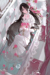  1girl absurdres black_hair bubble cellophane_(yrsnswli242801) closed_mouth commentary curtains dress flower full_body highres holding holding_flower in_bathtub indoors isolde_(reverse:1999) juliet_sleeves long_hair long_sleeves looking_at_viewer partially_submerged puffy_sleeves reverse:1999 shoes sitting solo tile_floor tile_wall tiles untranslatable_commentary very_long_hair violet_eyes water white_dress white_shoes 