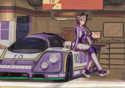  1girl absurdres animal_ears brown_hair car closed_mouth gloves helmet highres horse_ears horse_girl indoors jaguar_xjr-9 motor_vehicle multicolored_hair purple_gloves purple_shoes race_vehicle racecar racing_suit shoes short_hair sitting smile solo special_week_(umamusume) stella_(stella) two-tone_hair umamusume unworn_headwear unworn_helmet violet_eyes white_hair 
