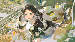  1girl ahoge arm_up asymmetrical_dress asymmetrical_gloves black_dress black_gloves black_hair breasts cat cup day dress earrings elbow_gloves gloves green_eyes highres holding holding_tray huge_ahoge jewelry jianxin_(wuthering_waves) long_hair medium_breasts midriff mismatched_gloves multicolored_hair multiple_girls open_mouth outdoors sensu single_glove standing table tacet_mark_(wuthering_waves) tassel tassel_earrings tea tray two-tone_dress two-tone_hair very_long_hair white_dress white_hair wuthering_waves yin_yang yin_yang_earrings 