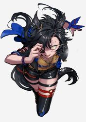  1girl absurdres air_shakur_(umamusume) air_shakur_(unsigned)_(umamusume) animal_ears black_boots black_hair black_jacket black_shorts black_thighhighs boots breasts commentary_request cropped_jacket ear_chain eyebrow_piercing face_piercing highres horse_ears horse_girl horse_tail jacket linked_piercing long_hair looking_at_viewer open_clothes open_mouth paint_on_clothes piercing running sharp_teeth shirt short_sleeves shorts simple_background single_thighhigh small_breasts smile solo tail teeth thigh-highs tomboy tosato umamusume yellow_eyes yellow_shirt 