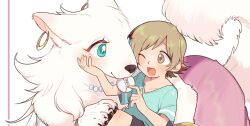  1boy 1girl animal_hands ball baseball_(object) blue_eyes body_fur brown_eyes brown_hair child claws cocri commentary_request dog_girl furry furry_female hetero highres holding holding_ball looking_at_another lying mouth_hold on_side one_eye_closed original sammy_(cocri) short_hair simple_background sitting skirt tail upper_body white_background white_fur yuki_(cocri) 