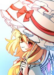  1girl ascot blonde_hair blue_background closed_mouth collared_shirt commentary_request crystal crystal_wings flandre_scarlet frilled_shirt_collar frills gradient_background highres holding holding_umbrella illust_atelier3 looking_at_viewer multicolored_wings one-hour_drawing_challenge one_side_up parasol red_eyes red_vest shirt smile solo touhou umbrella vest white_shirt white_umbrella wings yellow_ascot 
