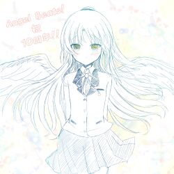  1girl absurdres angel angel_beats! angel_wings anniversary black_skirt blush closed_mouth collared_shirt commentary_request copyright_name cowboy_shot feathered_wings floating_hair highres jacket light_particles long_hair looking_at_viewer miniskirt neck_ribbon pleated_skirt ribbon school_uniform shirt sidelocks simple_background sketch skirt smile solo suit_jacket tachibana_kanade very_long_hair white_background white_hair white_wings wings yaki-ayato yellow_eyes 