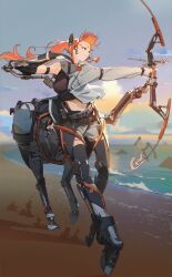  1girl absurdres bandeau belt black_bandeau black_gloves black_thighhighs blonde_hair bow commentary elbow_gloves fingerless_gloves firing gloves hair_ornament highres long_hair match_(idleslumber) mechanical_legs ocean original ponytail sand shore shorts sky solo tagme thigh-highs untranslatable_commentary weapon 