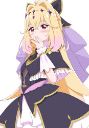  1girl absurdres aikawa_ryou antenna_hair black_capelet black_dress blonde_hair blowing_kiss blush brooch capelet commentary_request covering_own_mouth cowboy_shot cure_arcana_shadow diamond_hairband dress earrings frilled_capelet frilled_cuffs frills gradient_hair hair_intakes hand_over_own_mouth heart heart_brooch highres jewelry long_hair looking_at_viewer magical_girl meitantei_precure! moria_luluka multicolored_hair pink_eyes pink_hair precure purple_veil purple_wrist_cuffs solo veil very_long_hair wrist_cuffs 