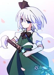  1girl black_bow black_bowtie black_hairband blue_eyes bow bowtie closed_mouth collared_shirt commentary_request falling_petals flower glint green_skirt green_vest grey_hair hairband highres hitodama holding holding_sword holding_weapon illust_atelier3 katana konpaku_youmu konpaku_youmu_(ghost) medium_hair one-hour_drawing_challenge petals pink_flower pink_petals sheath shirt signature skirt skirt_set solo sword touhou unsheathing vest weapon white_shirt 
