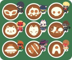  ahoge akechi_goro amamiya_ren axe black_bodysuit black_gloves black_hair blonde_hair blue_hair bodysuit bus cat cat_tail character-themed_food closed_eyes coffee commentary_request curly_hair eye_mask fox fox_(persona_5) fox_mask gloves green_background joker_(persona_5) kitagawa_yusuke long_hair mask medium_hair morgana_(persona_5) motor_vehicle motorcycle neckerchief niijima_makoto no_mouth noir_(persona_5) okumura_haru oracle_(persona_5) orange_hair panther_(persona_5) persona persona_5 queen_(persona_5) red_bodysuit red_gloves rizu_(rizunm) sakamoto_ryuji sakura_futaba short_hair skull skull_(persona_5) spacecraft tail takamaki_ann white_gloves yellow_gloves yellow_neckerchief 