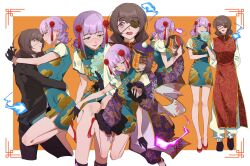  2girls absurdres black_suit blue_eyes blush brown_hair china_dress chinese_clothes dress eyepatch glasses heaven_burns_red highres higuchi_seika hiiragi_kozue hitodama hug jiangshi jiangshi_costume kjhg1108 multiple_girls open_mouth purple_hair suit violet_eyes yuri 