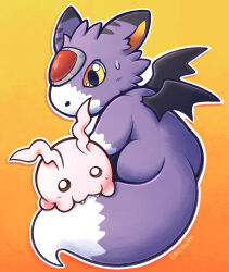  antennae artist_name bat_wings biting brown_eyes digimon digimon_(creature) dorumon emeowth gradient_background highres looking_at_another looking_back mini_wings no_humans orange_background outline pink_fur purple_fur sweatdrop tail tokomon two-tone_fur white_fur white_outline wings 