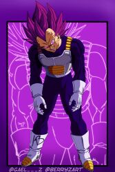  1boy crazy_smile dragon_ball dragon_ball_super gael_z highres male_focus metamoran_vest muscular muscular_male purple_hair saiyan saiyan_armor smile solo spiky_hair super_saiyan ultra_ego_(dragon_ball) vegeta 