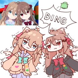  2girls :3 animal_ears atari_desu black_cardigan blue_eyes blush_stickers bow bowtie brown_cardigan brown_hair buttons cardigan cat_ears cat_girl cat_tail closed_mouth commentary cowboy_shot double-parted_bangs english_commentary evil_neuro-sama green_bow green_bowtie grey_skirt hair_between_eyes heads_together highres long_hair miniskirt motion_lines multiple_girls neuro-sama pleated_skirt purple_sailor_collar red_bow red_bowtie red_eyes sailor_collar school_uniform second-party_source serafuku simple_background skirt tail turtle vedal987 vedal_ai white_background 