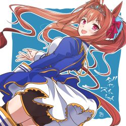  1girl birthday breasts brown_hair commentary_request daiwa_scarlet_(peak_blue)_(umamusume) daiwa_scarlet_(umamusume) dress epaulettes fang happy_birthday highres layered_legwear layered_skirt looking_at_viewer open_mouth panch4989new red_eyes skirt tiara twintails umamusume 