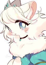  1girl animal_hands blue_dress blue_eyes body_fur cat_girl cocri commentary_request dress furry furry_female hands_up looking_at_viewer original simple_background solo tiara upper_body white_background white_fur white_hair 