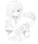  1girl blush bouquet fingerless_gloves flower gloves long_sleeves lyrical_nanoha mahou_shoujo_lyrical_nanoha mahou_shoujo_lyrical_nanoha_a&#039;s marupuni monochrome open_mouth puffy_sleeves sketch solo tears wink yagami_hayate 