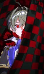  1boy ahoge armor black_nails blue_shirt checkered_background coat collared_shirt colored_extremities genshin_impact green_hair hair_between_eyes hair_intakes hand_on_another's_face hand_on_another's_shoulder highres lohen_(genshin_impact) long_sleeves looking_at_viewer male_focus mole mole_under_eye red_eyes red_hands shirt short_hair solo upper_body wide-eyed yp6pd 