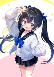 1girl :d absurdres arm_up black_hair black_sailor_collar black_skirt blue_bow blue_bowtie blue_eyes blue_ribbon blue_streaks bow bowtie buttons cardigan commentary_request feet_out_of_frame from_above hair_ribbon heart highres long_hair long_sleeves looking_at_viewer miniskirt multicolored_hair open_cardigan open_clothes open_mouth original pink_background pleated_skirt ribbon sailor_collar sakura_mikan_(chirizakura) school_uniform shirt sidelocks single_sleeve_past_fingers skirt smile solo standing streaked_hair twintails v v_over_head white_background white_cardigan white_shirt yellow_background 