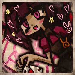  album_cover apron blunt_bangs blush_stickers candy card commentary_request cover djkurara djkurara_various dress drill_hair drooling fang food gothic_lolita grey_apron heart highres holding holding_card j-core jitome kasane_teto kurahlab lolita_fashion looking_at_another pink_eyes playing_card purple_dress purple_hair rabbit_symbol skin_fang star_(symbol) twin_drills vocaloid 