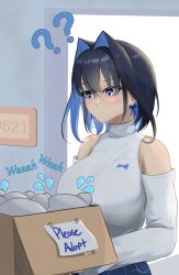  1girl ? ?? absurdres aquaticlettuce artist_name black_hair blue_eyes blue_hair bow bow_earrings box breasts closed_mouth colored_inner_hair earrings english_text flying_teardrops hair_intakes highres holding holding_box hololive hololive_english jewelry kronie_(ouro_kronii) large_breasts multicolored_hair note official_alternate_costume ouro_kronii ouro_kronii_(casual) sweater turtleneck turtleneck_sweater white_sweater 