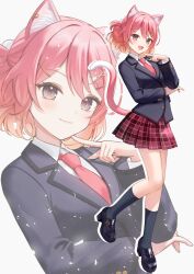  1girl :d animal_ears black_jacket black_shoes black_socks brown_eyes cat_ears cat_girl cat_tail collared_shirt commentary_request finger_to_mouth full_body gradient_hair gradient_tail hair_ornament hand_up highres jacket knees lapels light_particles long_sleeves looking_at_viewer mary_janes momoshiki_tsubaki multicolored_hair necktie orange_hair original plaid_clothes plaid_skirt pleated_skirt red_hair red_necktie red_skirt red_tail school_uniform shirt shoes skirt smile smug socks standing standing_on_one_leg tail white_shirt x_hair_ornament zoom_layer 