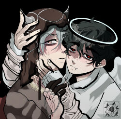  2boys alien_stage angel_and_devil artist_logo artist_name black_background black_eyes black_hair black_veil closed_mouth demon_horns fang fang_out finger_cots fingerless_gloves gloves grey_eyes grey_hair grey_horns grey_shirt hair_between_eyes halo hand_on_another's_face hand_on_another's_head hani_(pharmacyofheart) highres horns ivan_(alien_stage) logo male_focus multiple_boys official_alternate_costume parted_lips shirt till_(alien_stage) veil white_gloves white_shirt white_wings wings 