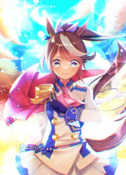  1girl animal_ears ascot blue_eyes blue_sky blush brown_hair buttons cape closed_mouth clouds double-breasted epaulettes gloves hair_between_eyes highres horse_ears horse_girl horse_tail jacket long_hair long_sleeves looking_at_viewer multicolored_hair multicolored_jacket pink_ascot ponytail red_cape single_epaulette single_hair_streak skirt sky smile solo streaked_hair tail tokai_teio_(peak_joy)_(umamusume) tokai_teio_(umamusume) tsurugi_hikaru two-tone_hair two-tone_jacket two-tone_skirt umamusume white_gloves white_hair white_jacket white_skirt white_streaks 