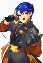  1boy :d absurdres astel_leda astel_leda_(3rd_costume) black_coat black_gloves black_shirt blonde_hair blonde_streaks blue_hair coat commentary compression_shirt earrings facial_mark gloves green_eyes highres holding holding_microphone holostars jewelry male_focus mg_ytm microphone multicolored_hair official_alternate_costume open_mouth orange_sash rectangular_earrings shirt shoulder_belt smile solo sparkle_facial_mark streaked_hair two-sided_coat two-sided_fabric untranslatable_commentary upper_body virtual_youtuber white_background 