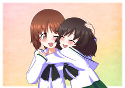  2girls akiyama_yukari black_neckerchief brown_eyes brown_hair closed_eyes eien_no_murphy fluffy_hair girls_und_panzer green_skirt hand_on_another's_head hug multiple_girls neckerchief nishizumi_miho one_eye_closed ooarai_school_uniform open_mouth pleated_skirt sailor_collar school_uniform shirt short_hair skirt smile upper_body white_sailor_collar white_shirt 