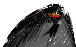  1girl abstract bird_wings closed_mouth commentary_request eico eyed_silhouette feet_out_of_frame hair_over_one_eye hand_fan hand_up hauchiwa holding holding_fan long_hair looking_at_viewer one_eye_covered shameimaru_aya silhouette smile solo spot_color touhou wings 