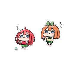  ! 2girls :3 ahoge akino_ell blue_eyes blush bow chibi closed_mouth collared_shirt commentary_request food go-toubun_no_hanayome green_bow green_ribbon green_skirt hair_ornament hair_ribbon holding holding_food ice_cream ice_cream_cone ice_cream_cone_spill multiple_girls nakano_itsuki nakano_yotsuba orange_hair parted_lips plaid_bow pleated_skirt red_hair ribbon shadow shirt short_sleeves simple_background skirt star_(symbol) star_hair_ornament sweat sweater_vest translation_request white_background white_shirt 